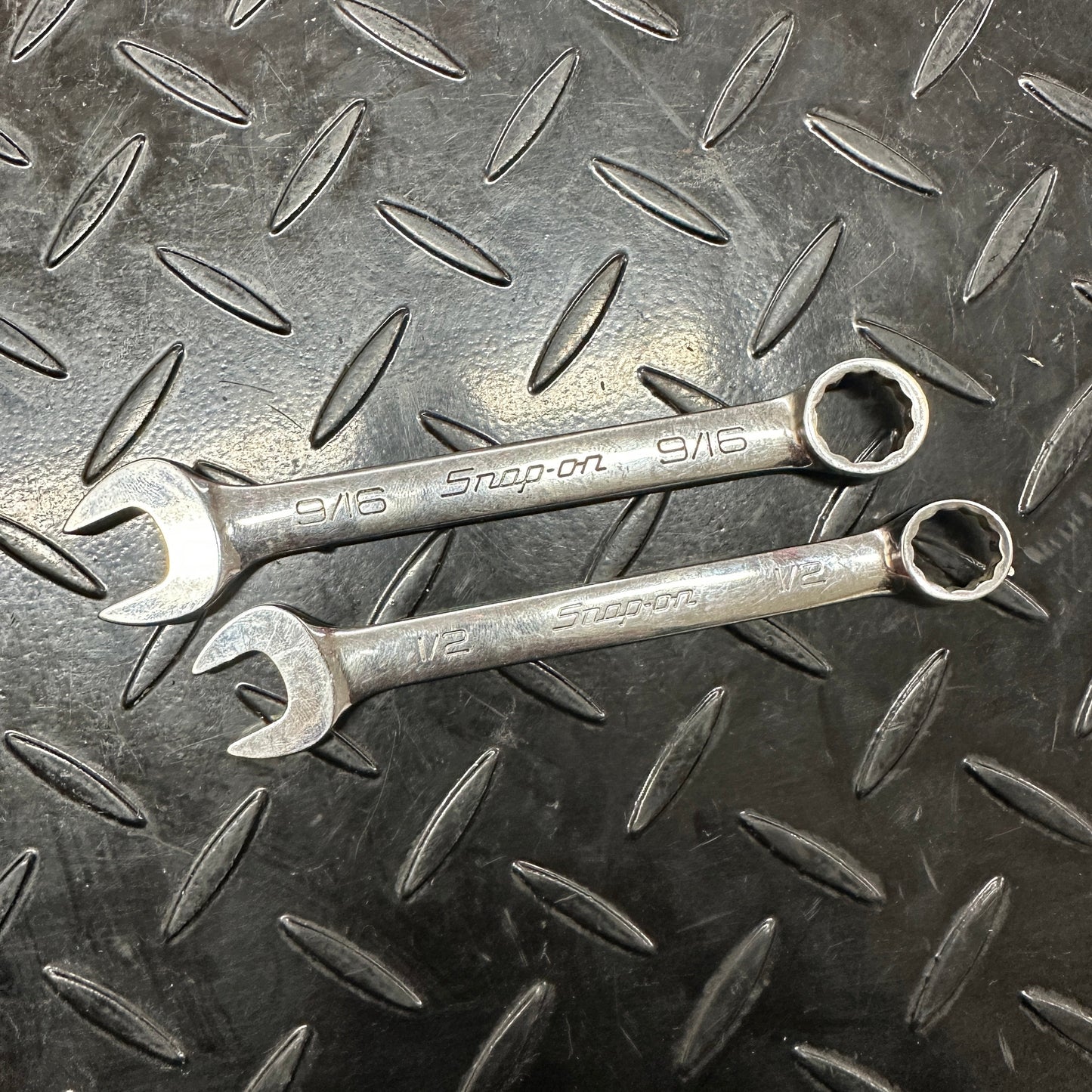 Snap-On SAE Stubby Combo Wrench Set 1/2 9/16 OEX160B OEX180B 1990s Vintage