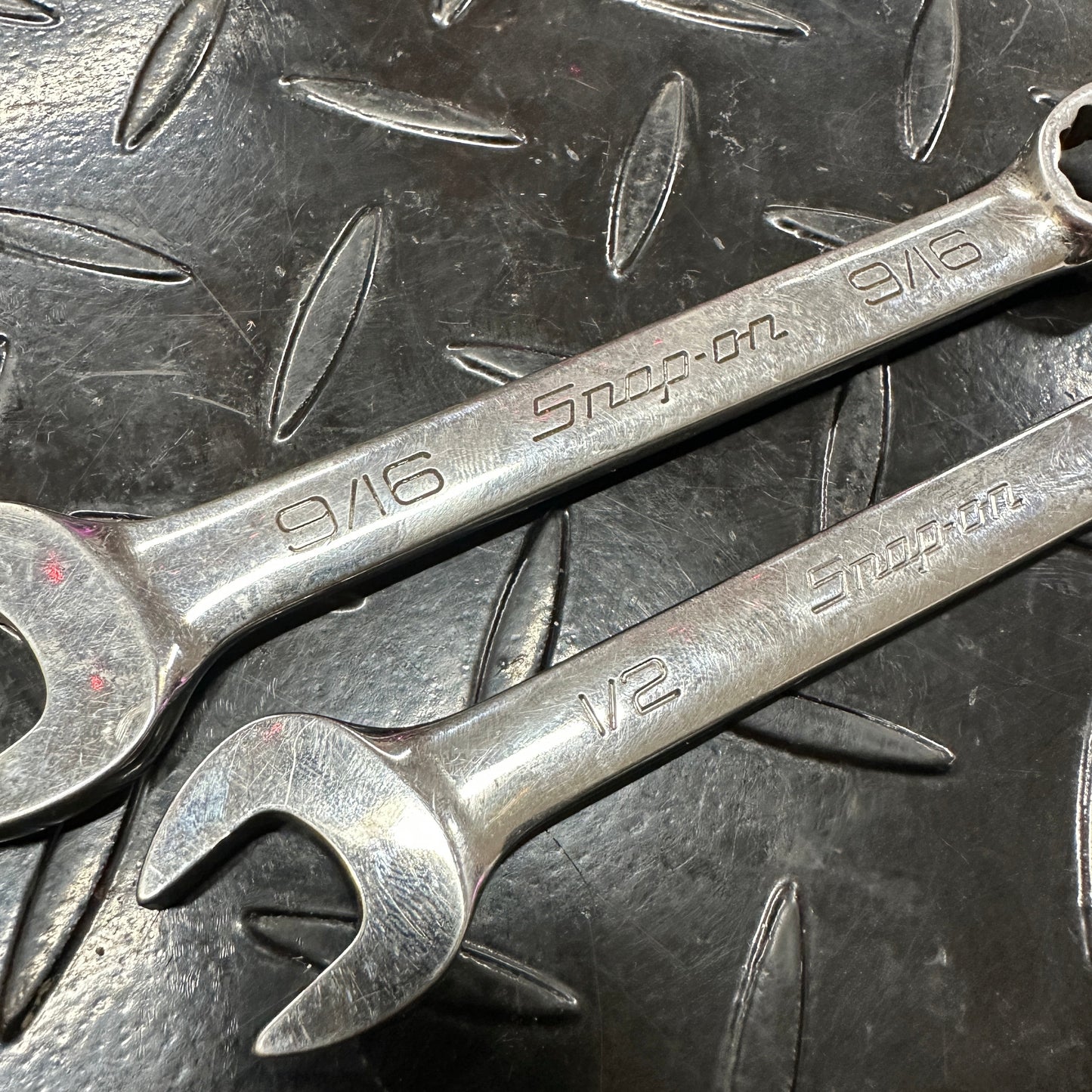 Snap-On SAE Stubby Combo Wrench Set 1/2 9/16 OEX160B OEX180B 1990s Vintage