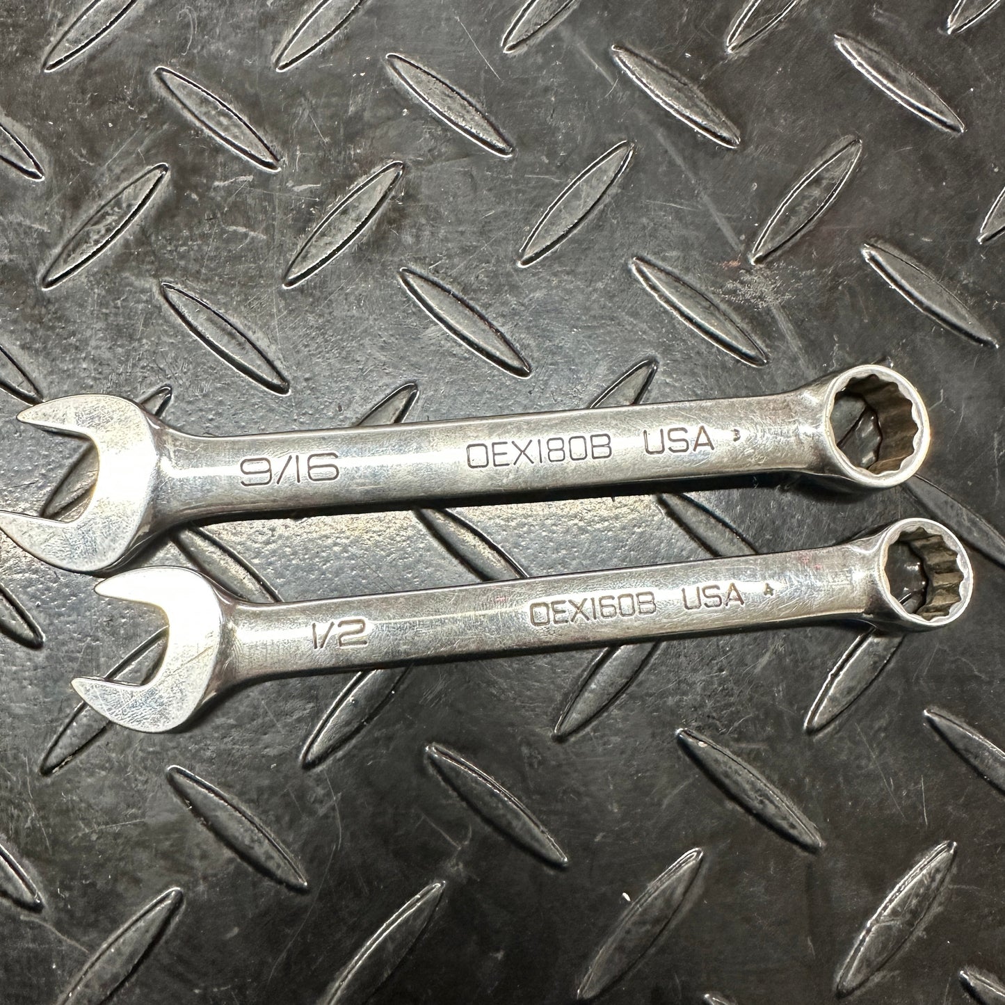 Snap-On SAE Stubby Combo Wrench Set 1/2 9/16 OEX160B OEX180B 1990s Vintage