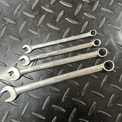 Snap-On Metric Long Combo Wrench Set 4pc 9mm 10mm 13mm 15mm mixed logo OEXM