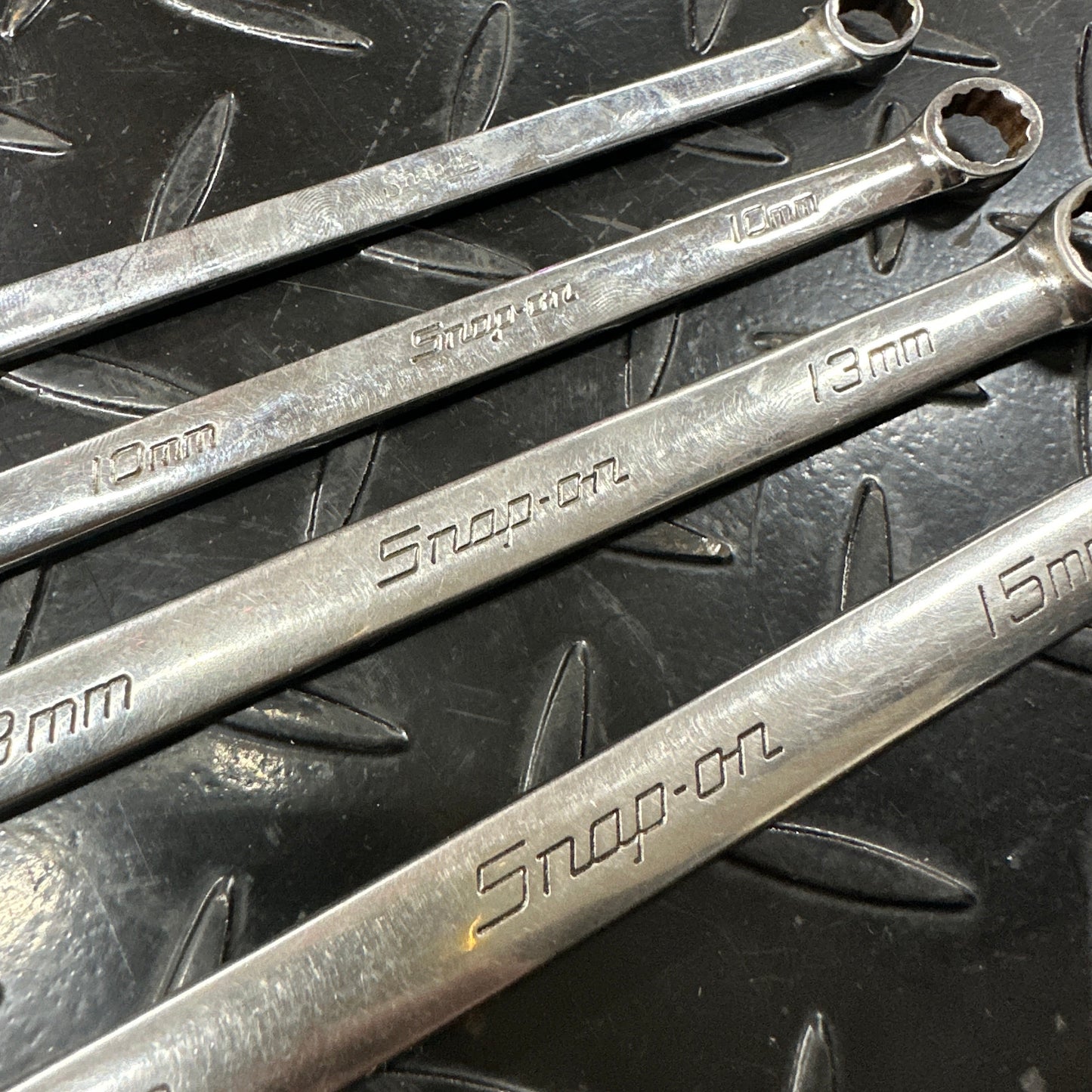 Snap-On Metric Long Combo Wrench Set 4pc 9mm 10mm 13mm 15mm mixed logo OEXM