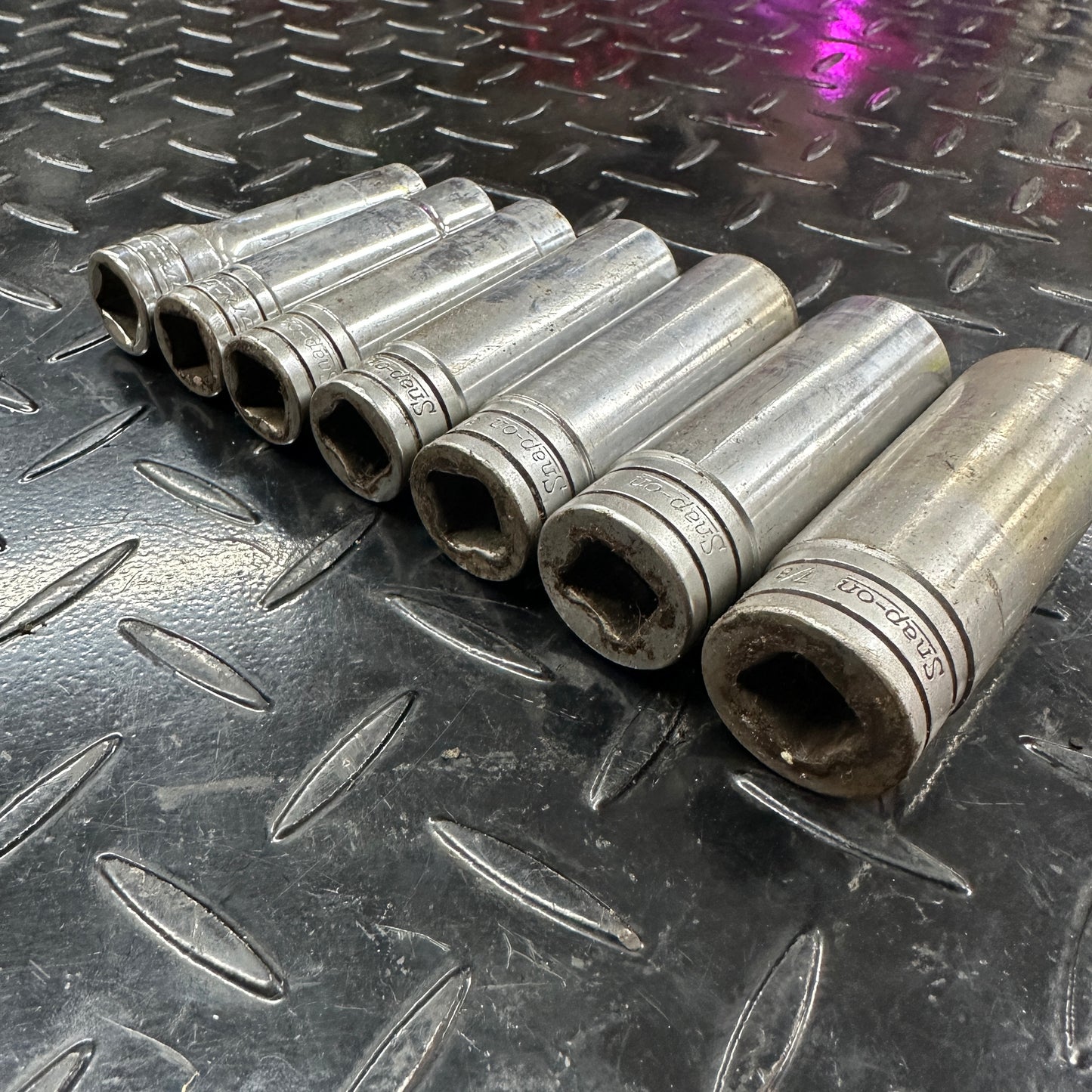 Snap-on 1/2 Drive SAE 6pt Deep Socket 7pc set TS 1/2"-7/8" 1980s Underline